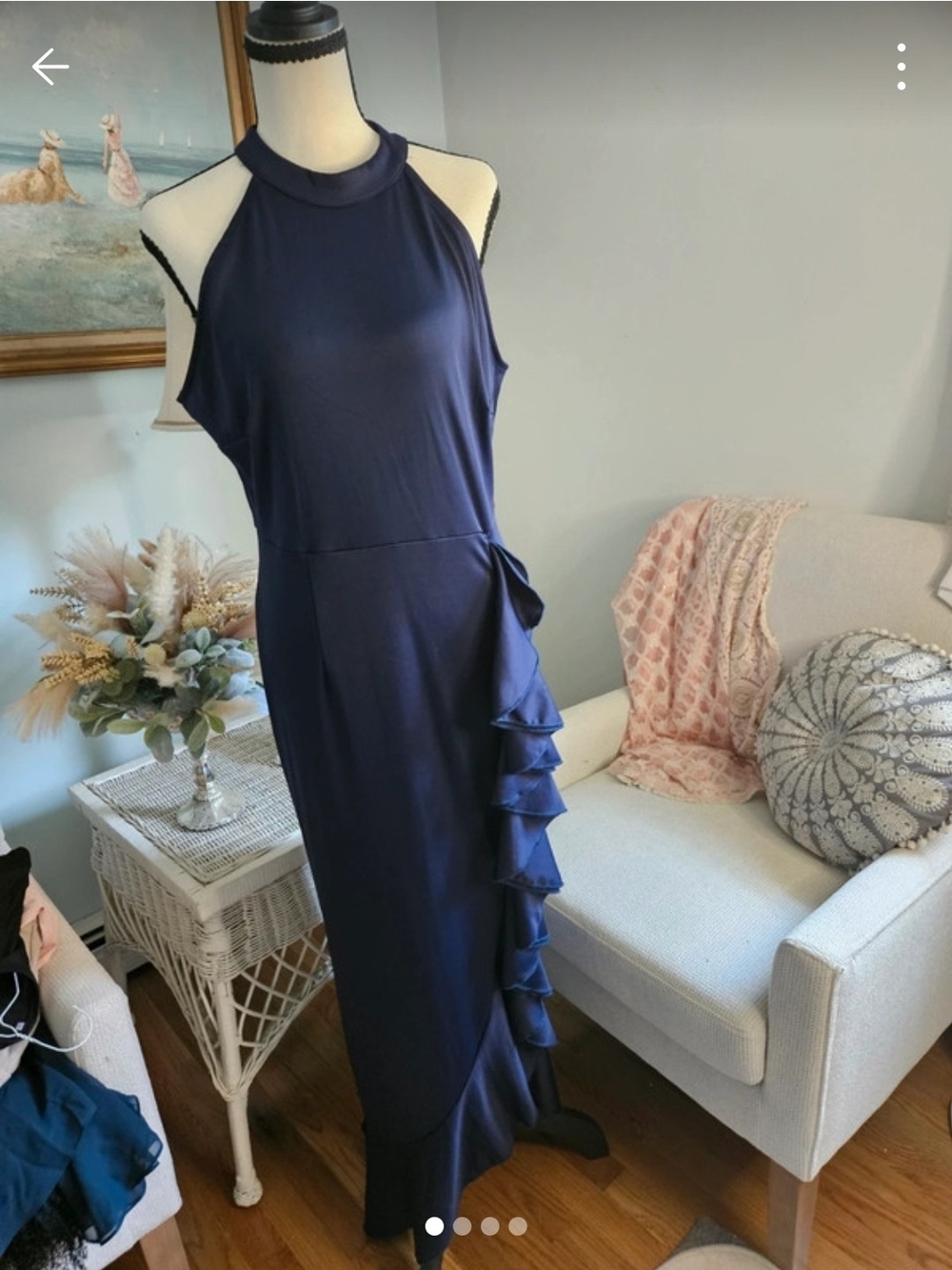 Sleeveless Navy Halter Maxi Dress with Side Ruffle